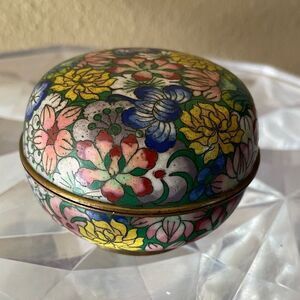 Cloisonné Bird Egg Blue Enamel Floral Vintage Trinket Round Box